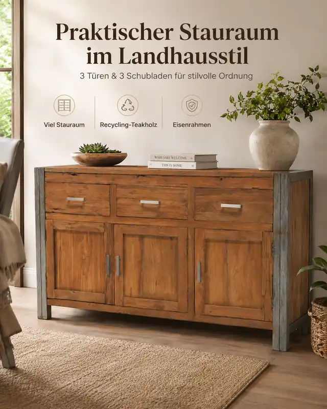Nur Heute Sideboard Vintage Teak - Massivholz Kommode 3 Schubladen