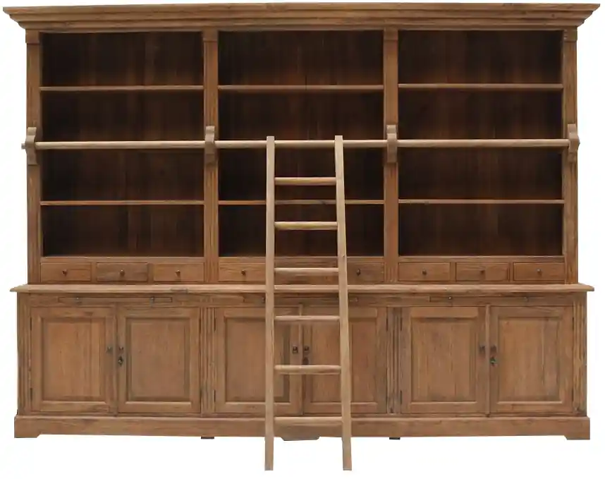 Bücherwand Heine Teak 300 cm Massivholz Regal mit Leiter Bibliothek Bücherschrank Zertifiziert