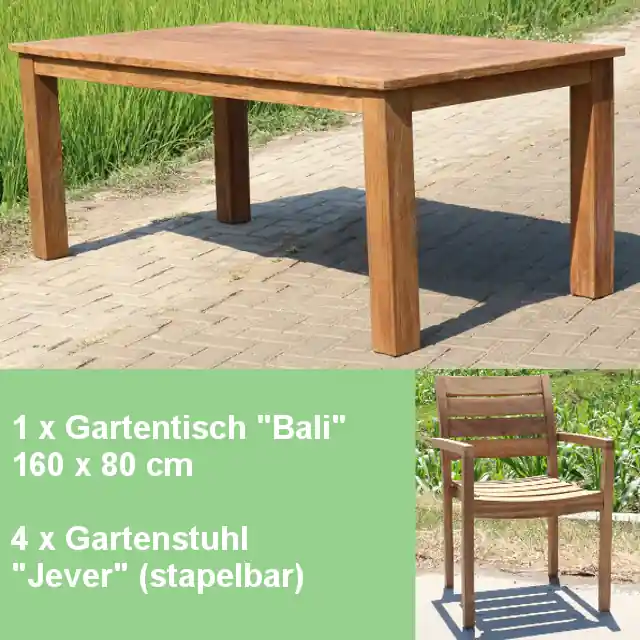 Begrenztes Angebot Gartenmöbel Set - Teak Gartentisch 160cm und 4 Stühle Jever Teakmöbel Outdoor