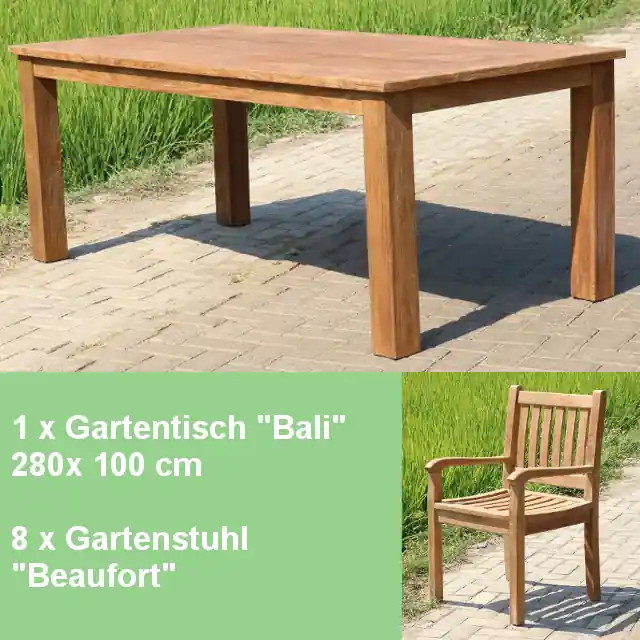 Gartenmöbel Set Teak Tisch 280cm und 8 Stuhl Beaufort Sonderangebot