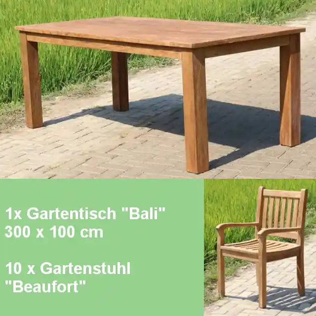 Gartenmöbel Set - Teak Tisch Bali 300cm und 10 Stühle Beaufort Teakmöbel massiv Outdoor Must-Have