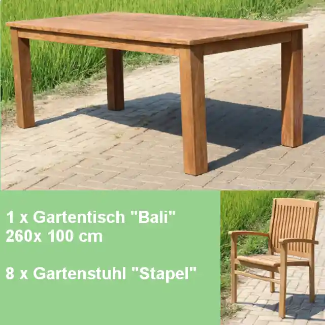 Jetzt Kaufen Gartenmöbel Set Gartentisch Bali 260 + 8 stapelbare Gartenstühle Teakmöbel Outdoor