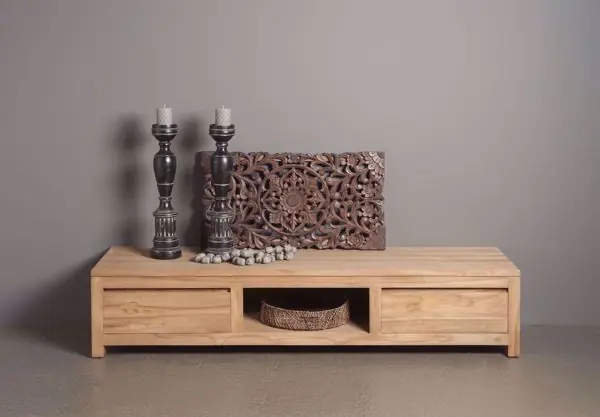 Echt Losari TV-Schrank 180 cm 2 Schubladen unbearbeitetes Teakholz Vintage Landhausstil