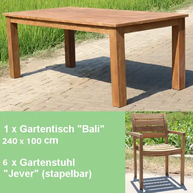 Rabatt Teakholz Gartenmöbel Set - Bali Tisch 240 cm und 6 Stapel Stühle Jever Outdoor Teak Möbel