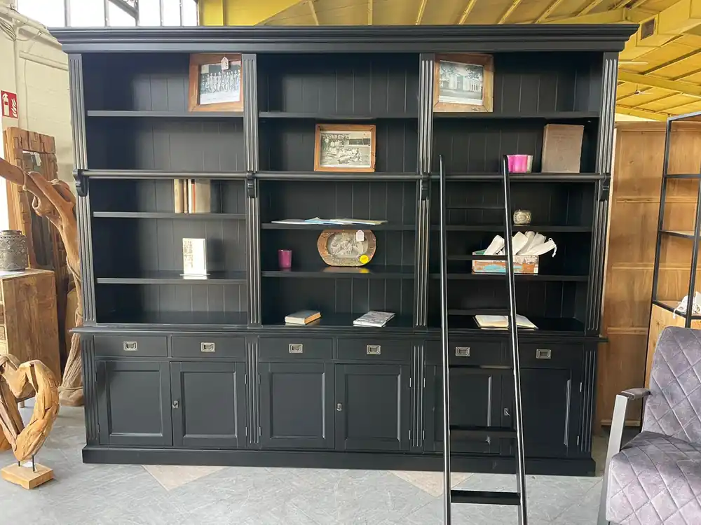 Bücherwand 300 cm Landhausstil Schwarz – Regalwand mit Leiter Expressversand