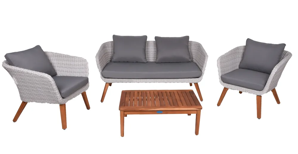 Sitzgruppe Arona Akazie grau FSC, 4-teilig Inkl. Auflagen und Kissen, Garten, Terrasse, Balkon Direktkauf