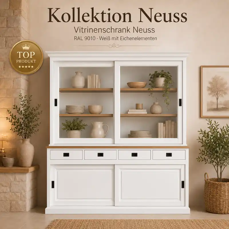 Finale Aktion Vitrinenschrank Neuss 200 cm weiß mit Eiche – Landhaus Buffetschrank