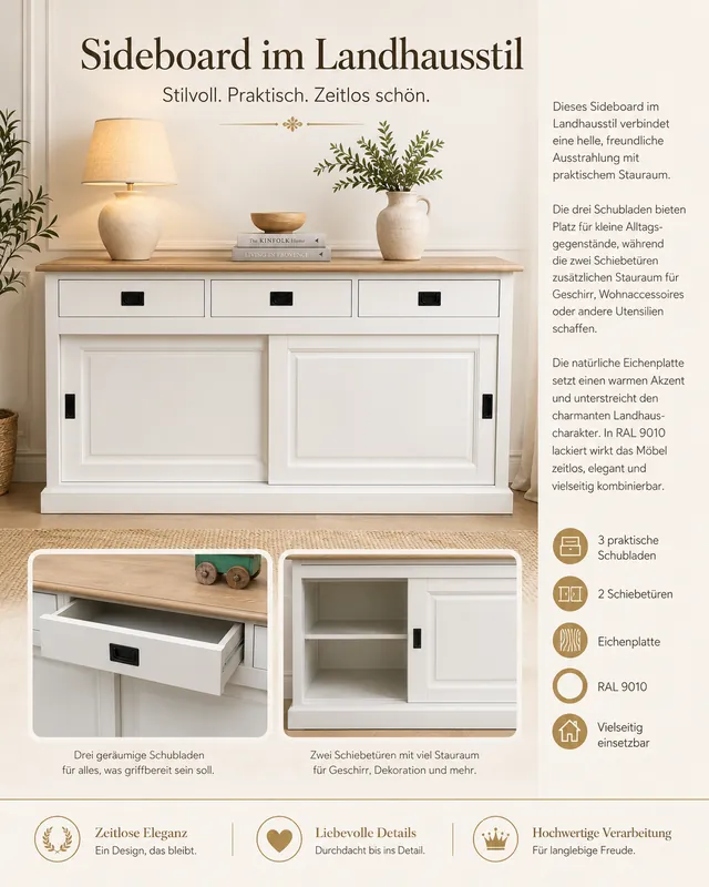 Sideboard Neuss 165 cm weiß/eiche - Anrichte Landhaus Kommode mit Schiebetüren Sale