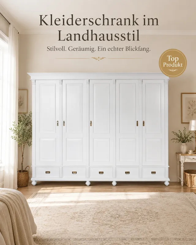 Premium Landhaus Kleiderschrank 5 Türig Massivholz zerlegbar Bestseller