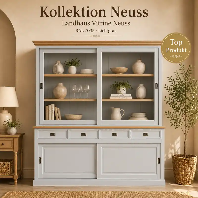 Vitrinen Schrank Neuss lichtgrau/eiche 200 cm - Glasvitrine Wohnzimmer Vitrine Direktkauf
