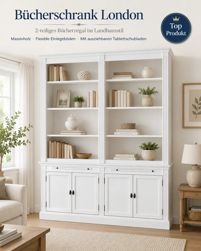Preiswert Bücherschrank London 200cm - 2-teiliges Bücherregal im Landhausstil mit 4 Türen