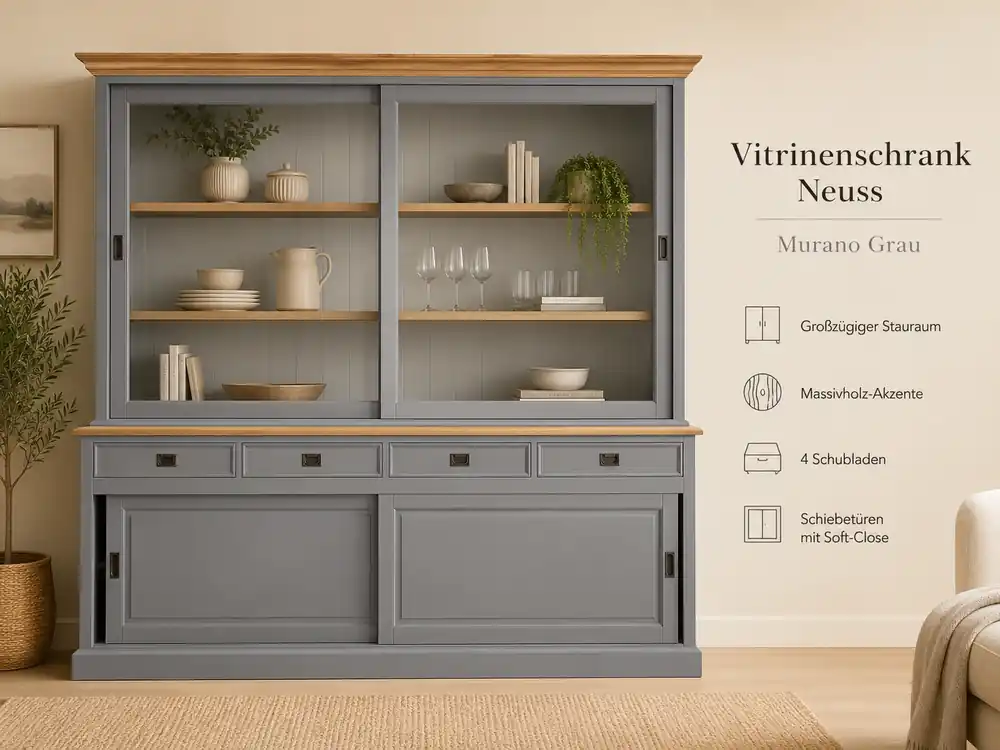 Neue Kollektion Vitrinenschrank Neuss grau/eiche 260 cm - Glasvitrine Wohnzimmer Vitrine