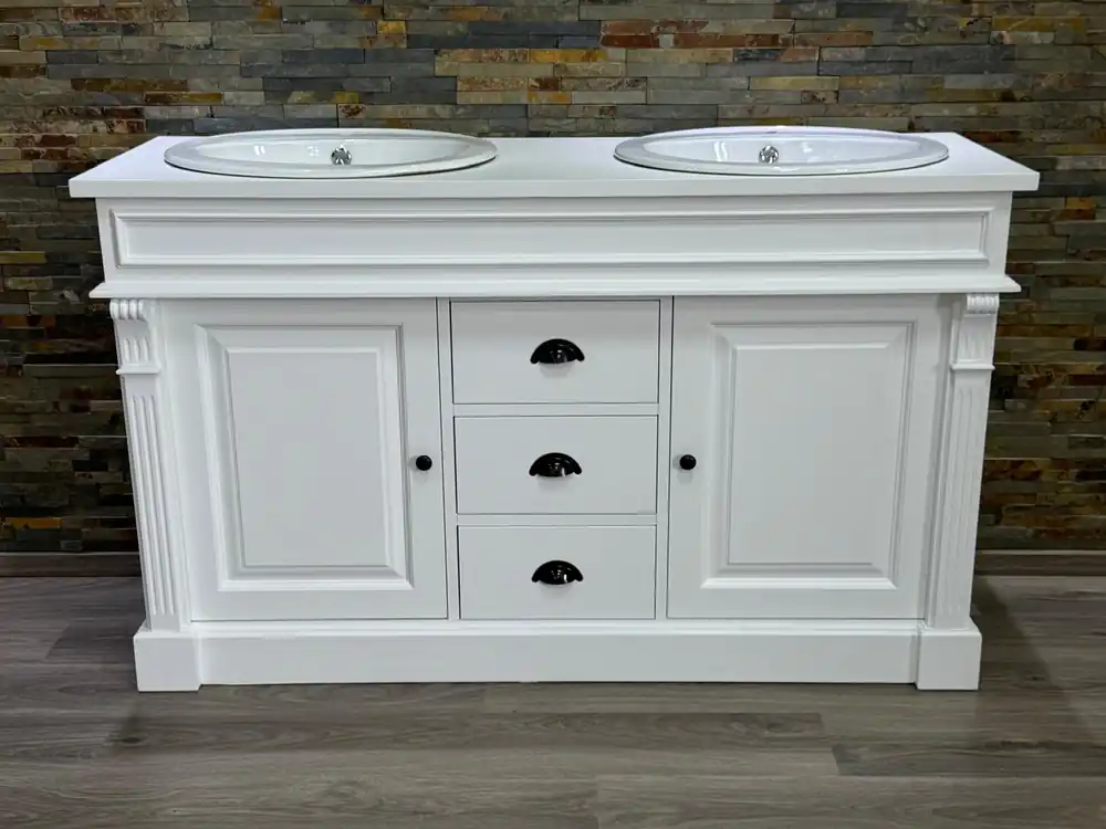 Garantierte Lieferung Badezimmer-Unterschrank Landhausstil 150 cm – Massivholz Kiefer, Weiß, mit 2 Waschbecken