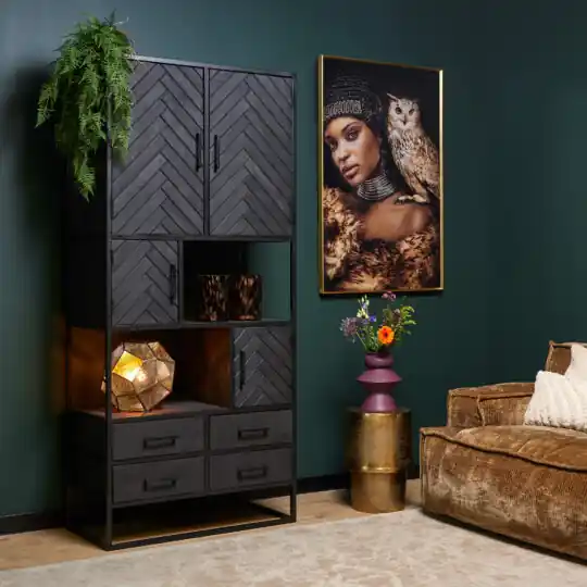 Markenware Design-Schrank New York – Mangoholz schwarz, Fischgrätenmuster, 4 Türen & 4 Schubladen, 200 cm
