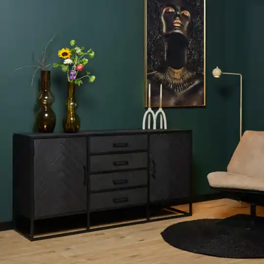 Sideboard New York – Mangoholz massiv, Fischgrätenmuster, 2 Türen & 4 Schubladen, 165 cm Direktkauf