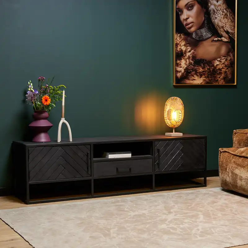 TV-Möbel „New York“ – Mangoholz Schwarz, Fischgrätenmuster, 180x45x50 cm Preisreduziert