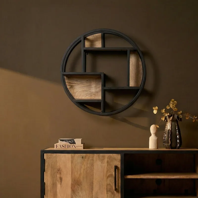 Sonderaktion Rundes Wandregal Mangoholz massiv mit Metallrahmen – modern