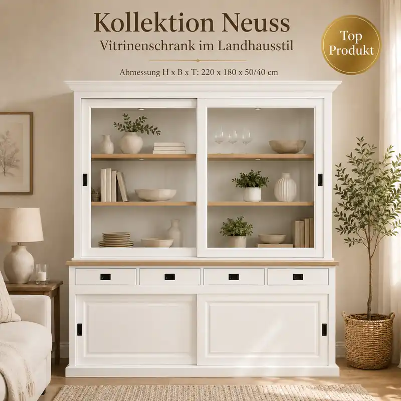 Vitrinenschrank Neuss 180 cm weiß mit Eiche – Landhaus Schrank Preisknaller