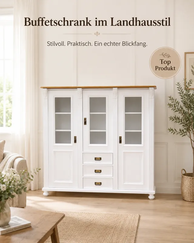 Direktkauf Premium Jugendstil Vitrine aus Weichholz – Landhaus-Stil, Weiß lackiert, handgefertigt