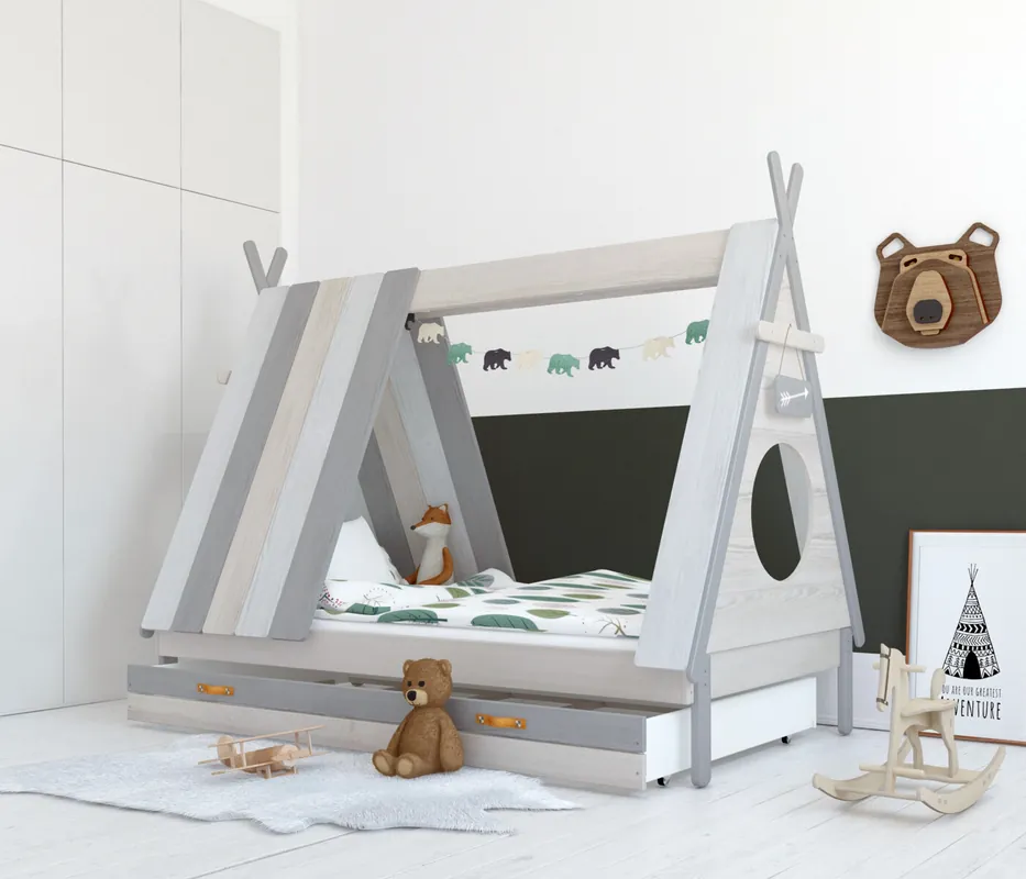 Kinderbett Zelt grau-weiß Markenprodukt