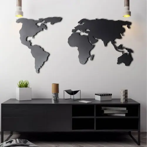 Wand Dekoration 100% Metall Schwarz Weltkarte 60Χ120cm Schneller Versand