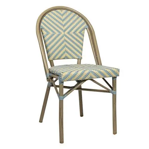 Outdoor Stuhl "Toby II" aus Aluminium Holzoptik und beige-blauem Geflecht 54,5x90x47x47 cm stapelbar Must-Have