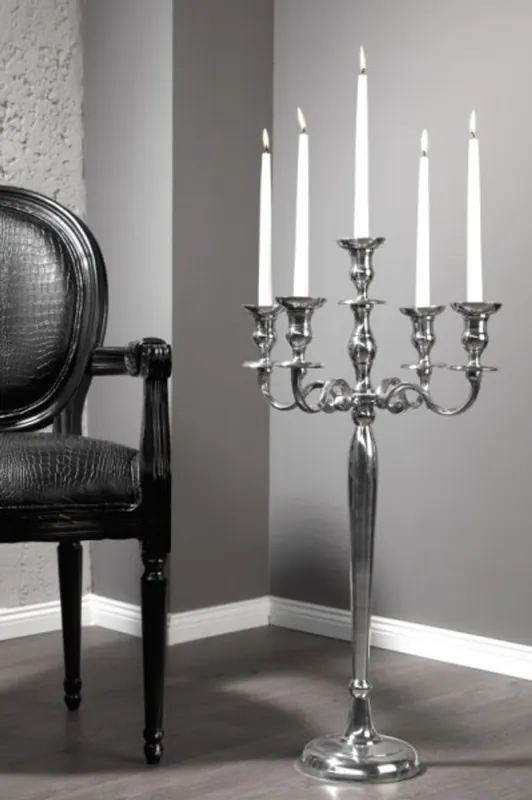 Geprüft Casa Padrino Designer Kerzenhalter aus poliertem Aluminium Silber Shine Classic 5-armig Höhe 80 cm - Kerzenständer