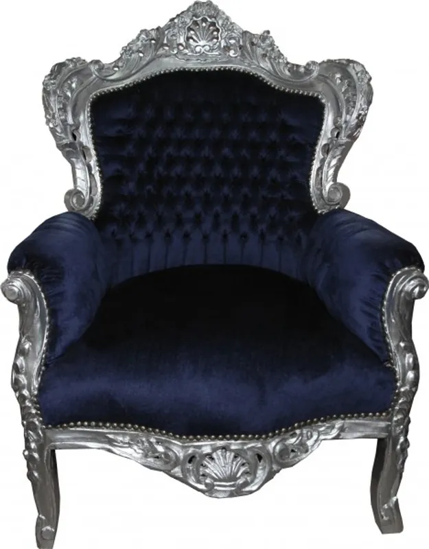 Echt Casa Padrino Barock Sessel "King" Royalblau/ Silber Möbel Antik Stil