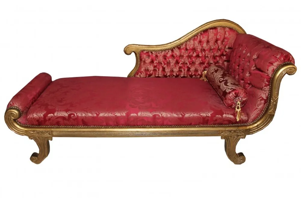 Casa Padrino Barock Chaiselongue Modell Bordeaux Musterstoff / Gold Recamiere Liege Wohnzimmer Möbel Ausverkauf