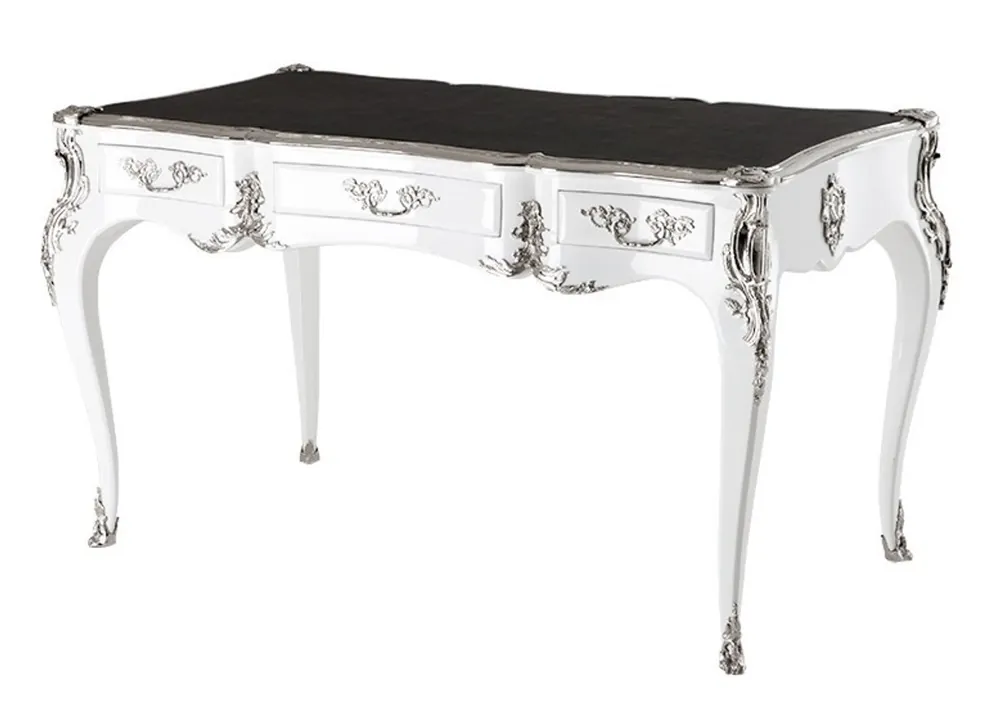 Preisknaller Casa Padrino Luxus Barock Schreibtisch Weiß Hochglanz Silber Sekretär