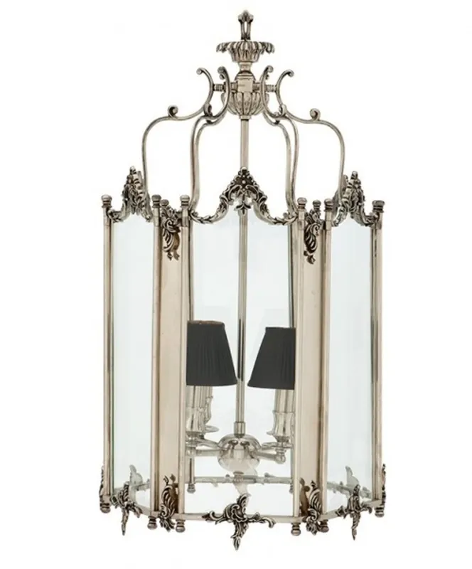 Casa Padrino Barock Hängeleuchte Versilbert Antik-Look, 4 Flammiger Kronleuchter, Breite 39 cm, Höhe 73 cm, Tiefe 42 cm - Barock Schloss Lampe - feinste Qualität Geprüft