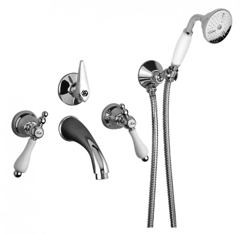 Luxus Bad Zubehör - Jugendstil Retro Unterputz Wannenbatterie mit Schlauch Handbrause und Wandhalter - Armatur für Badewanne - Chrom - Serie Milano - Made in Italy Preis Gesenkt