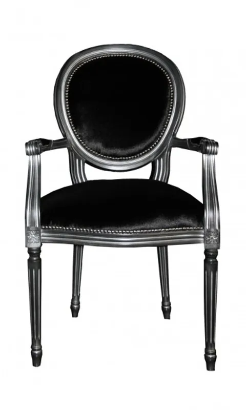 Casa Padrino Barock Esszimmer Stuhl mit Armlehne Schwarz / Silber - Designer Stuhl - Luxus Qualität Preisknaller