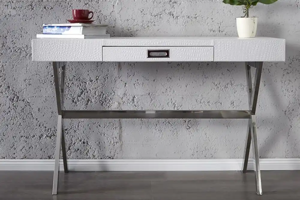 Designer Schminktisch mit Schublade, Weiss, Krokodilnachbildung - Damen Schreibtisch - Sekretär Konsole - Damen Laptoptisch Mega-Angebot