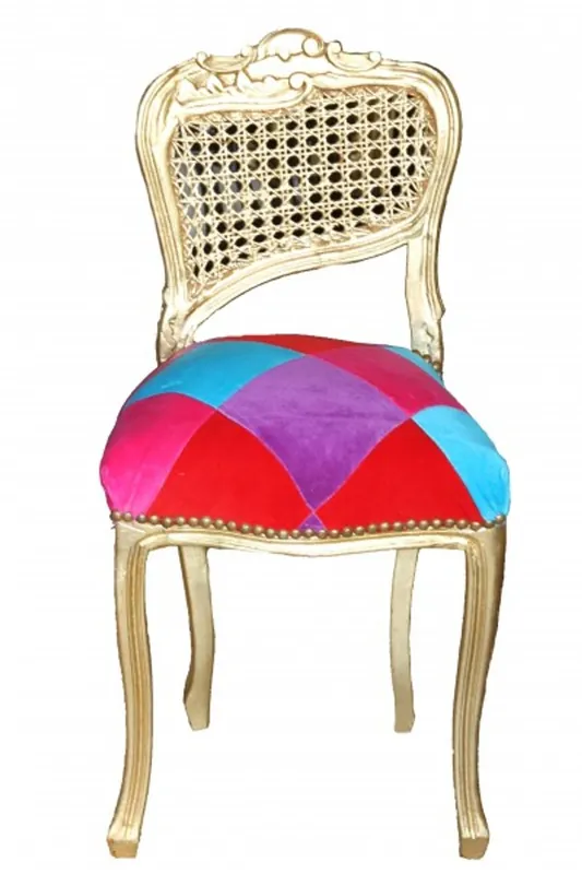 Casa Padrino Barock Damen Stuhl Mod2 Karo Bunt / Gold - Schminkstuhl Expressversand