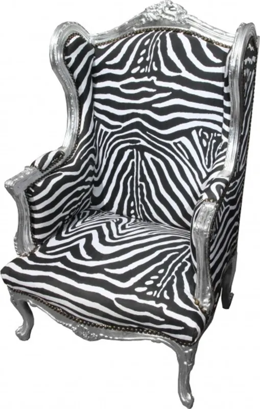 Casa Padrino Barock Lounge Thron Sessel Zebra / Silber - Ohren Sessel - Ohrensessel Tron Stuhl Markenware