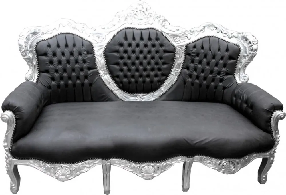 Wochenendangebot Casa Padrino Barock Sofa King Schwarz Lederoptik / Silber - Wohnzimmer Möbel Couch Lounge
