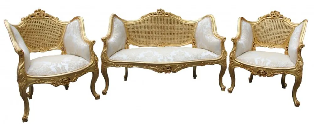 Neu Im Sortiment Casa Padrino Barock Salon Sitzbank + 2 Sessel Creme/ Gold - Cocktailset- Salon Set