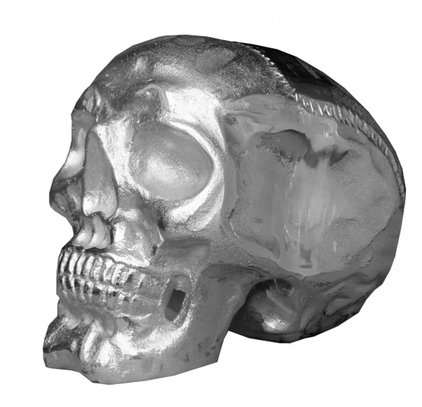 Neu Im Sortiment Casa Padrino Designer Skull Mod1L silber Höhe 16,5 cm, Breite 14 cm, Tiefe 18 cm, Totenkopf - edle Skulptur aus Aluminium vernickelt