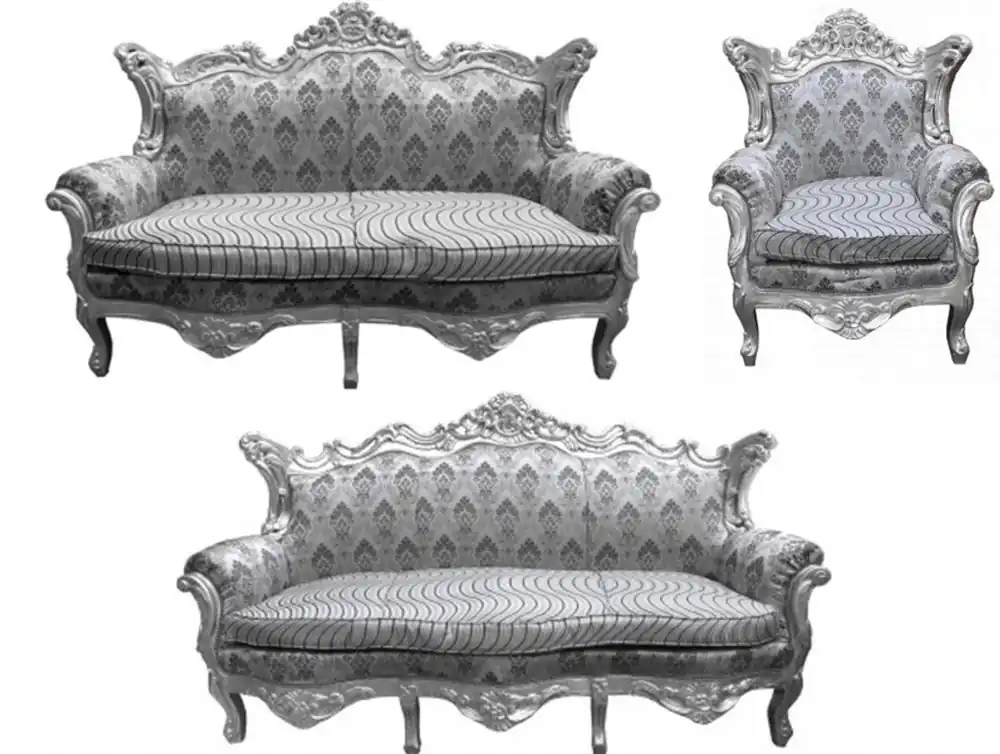 Casa Padrino Barock Wohnzimmer Set Grau Muster/Silber- 3er Sofa+2er Sofa + 1 Sessel Garantierte Lieferung
