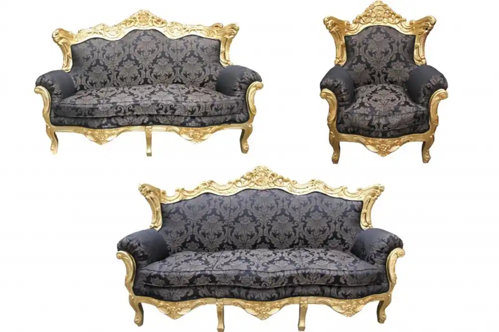 Meistverkauft Casa Padrino Barock Wohnzimmer Set Schwarz Muster/ Gold - 3er Sofa+2er Sofa + 1 Sessel