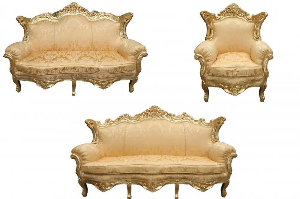 Versand Am Gleichen Tag Casa Padrino Barock Wohnzimmer Set Gold Blumen Muster/ Gold - 3er Sofa+2er Sofa + 1 Sessel