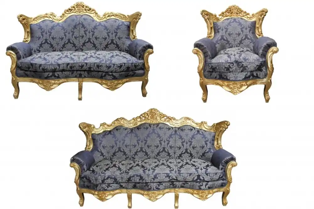 Preisreduziert Casa Padrino Barock Wohnzimmer Set Royal Blau Muster/ Gold - 3er Sofa+2er Sofa + 1 Sessel