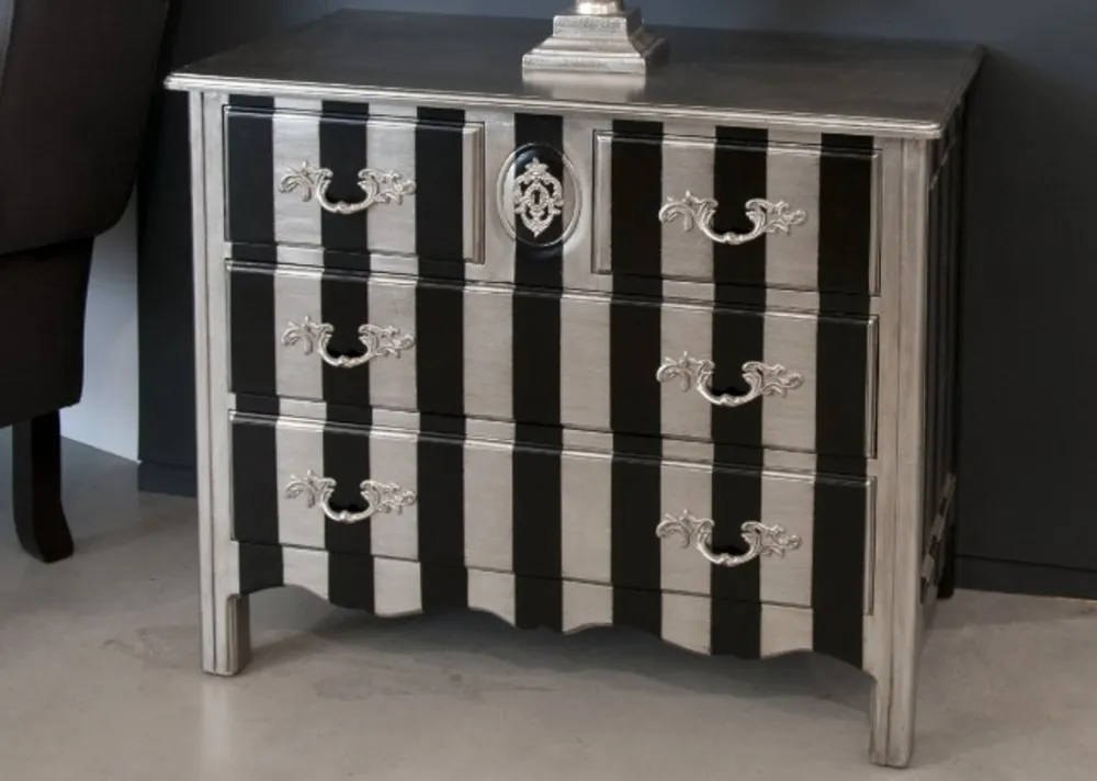 Zertifiziert Casa Padrino Barock Kommode Silber / Schwarz Streifen 94cm - Antik Stil Möbel