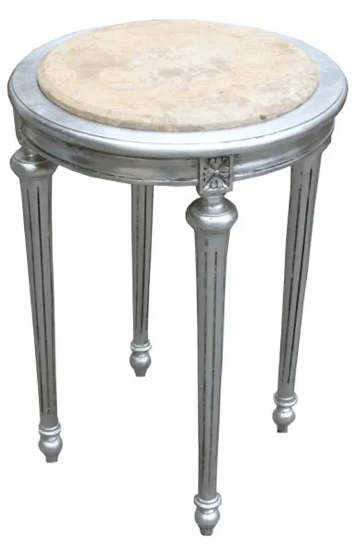 Markenware Barock Beistelltisch Rund Silber/Creme Marmorplatte ModY22 72 x 49 cm Antik Stil