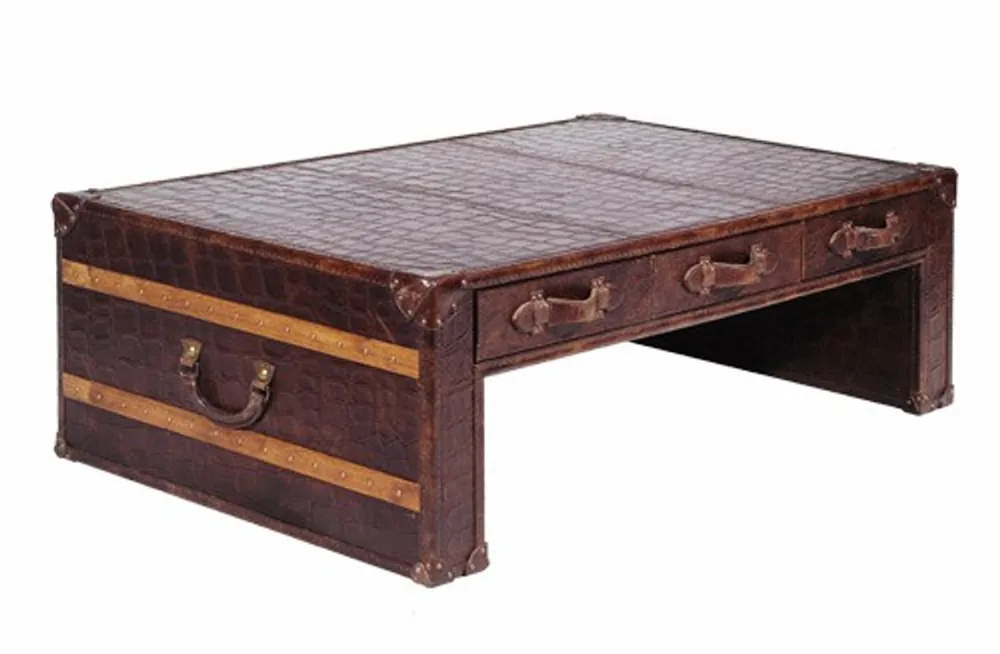 Casa Padrino Art Deco Luxus Echtleder Couchtisch in Croco Optik Braun L132 x B83 x H45 cm - Echt Leder Vintage Look Expressversand