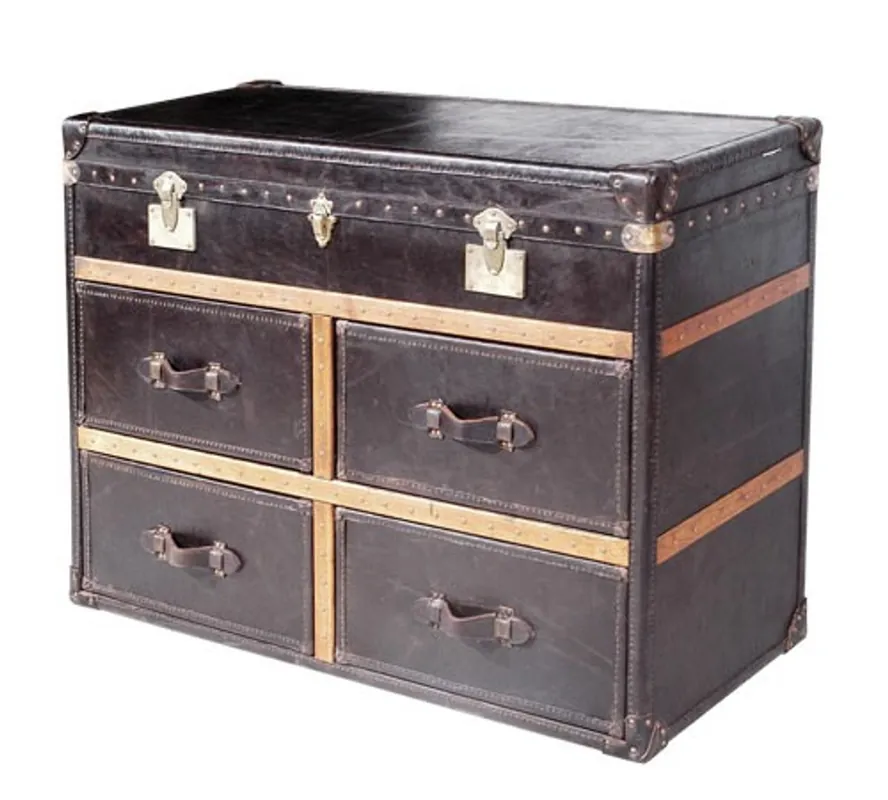 Casa Padrino Art Deco Luxus Echtleder Kommode / Truhe Schwarz L123 x B52 x H83 cm - Echt Leder Vintage Look Versand Am Gleichen Tag