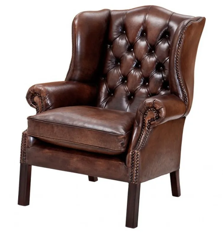 Neue Kollektion Luxus Echtleder Ohrensessel Chesterfield Vintage Dunkelbraun - Sessel mit echtem Leder