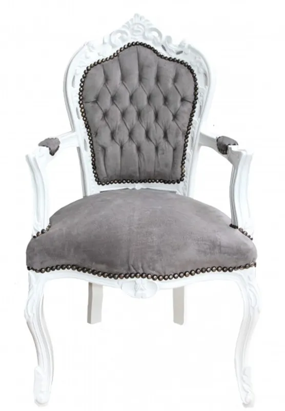 Angebot Casa Padrino Barock Esszimmer Stuhl mit Armlehnen Grau / Weiß