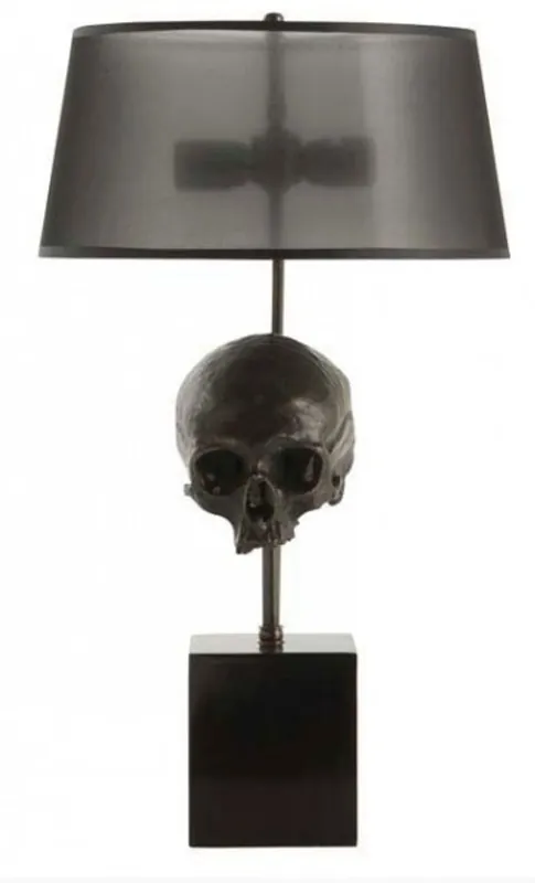 Jetzt Kaufen Casa Padrino Luxus Tischleuchte Totenkopf Schwarz / Antik Messing Ø 35 x H. 77 cm - Schreibtschleuchte mit rundem Lampenschirmen - Luxus Leuchten - Luxus Möbel - Luxus Interior